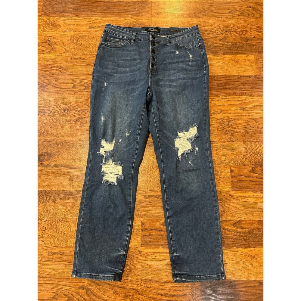 Judy Blue Women’s Distressed High-Waist Boyfriend Jeans – Medium Wash –11/30